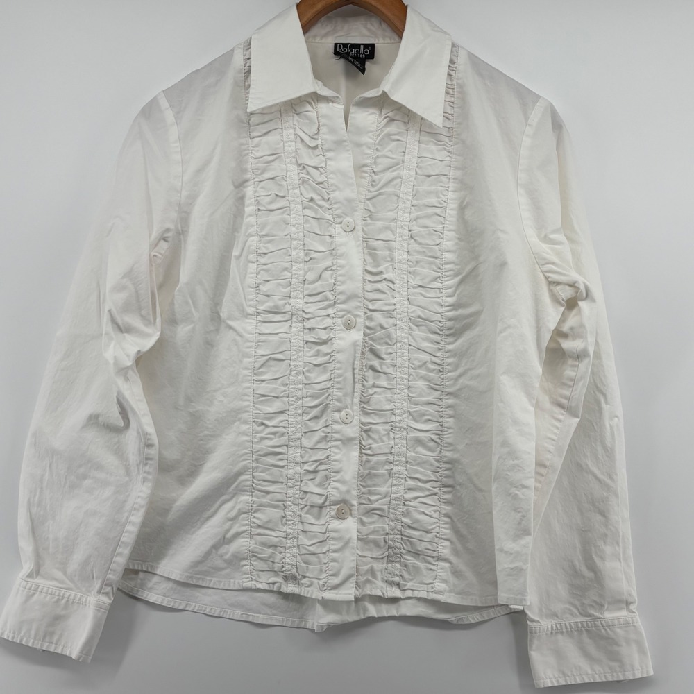 White Ruffle Front Embroider Button Down Shirt 12P Long Sleeve Petite Victorian - Picture 2 of 11